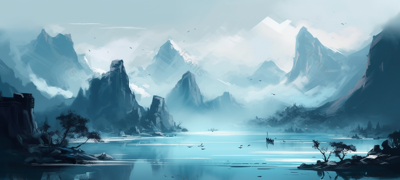 蓝色山水画,简约意境手绘山水,插画/手绘图,插画/手绘图库,插画/手绘图下载,插画/手绘